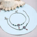 Rhodium Plated Silver Toned Flower Shaped Red Blue Green Cubic Zirconia studded Charm Anklets