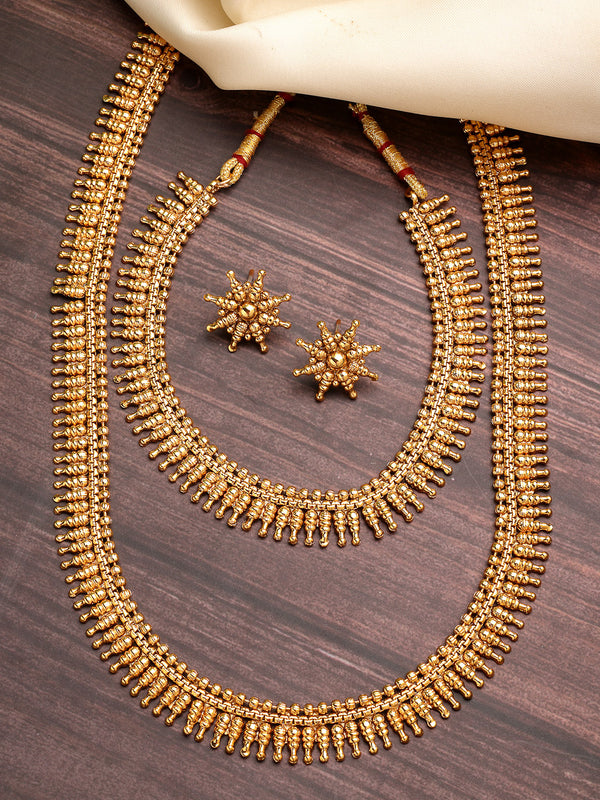 Golden Plated with Traditional Temple Design Long Necklace and Earrings Jewellery Set