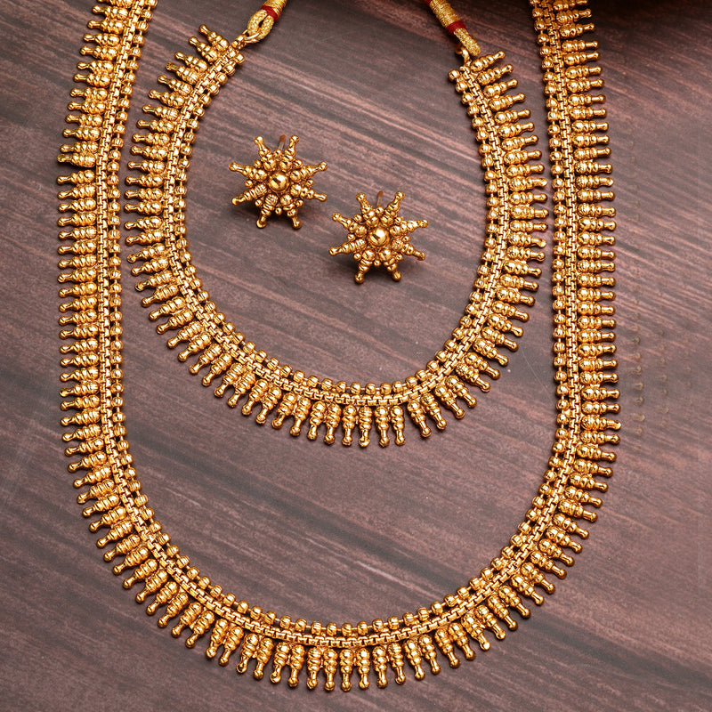 Golden Plated with Traditional Temple Design Long Necklace and Earrings Jewellery Set