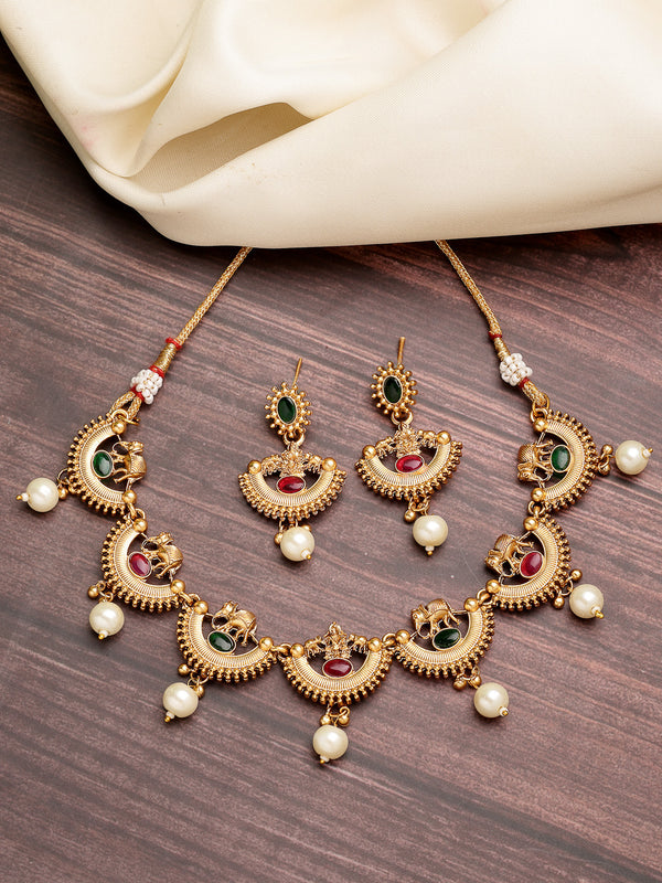 Gold Plated with Elephant Motif Design Necklace Set