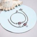 Rhodium Plated Silver Toned Flower Red Green Cubic Zirconia Studded Pearl Anklets