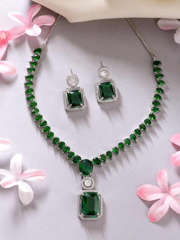 Rhodium Plated with Unique Design Necklace & Green American Diamond Studded Necklace Set