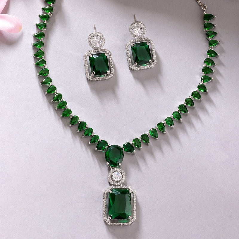 Rhodium Plated Silver Toned Green American Diamond Studded Jewellery Set