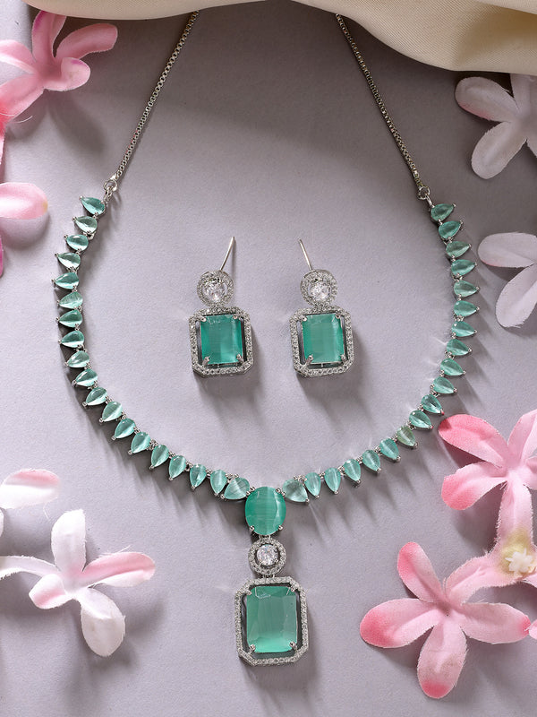 Rhodium Plated with Unique Design Necklace & Sea Green American Diamond Studded Necklace Set