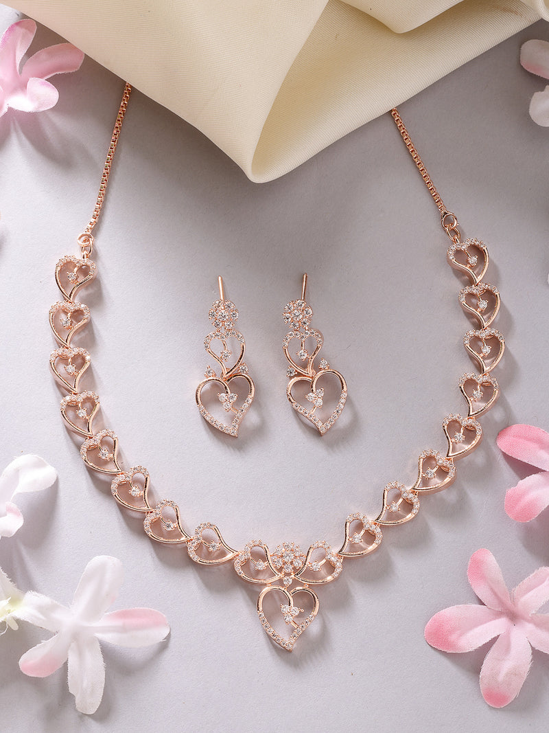 Rose Gold Plated Cascading Hearts Design with White AD Stone Studded Necklace Set