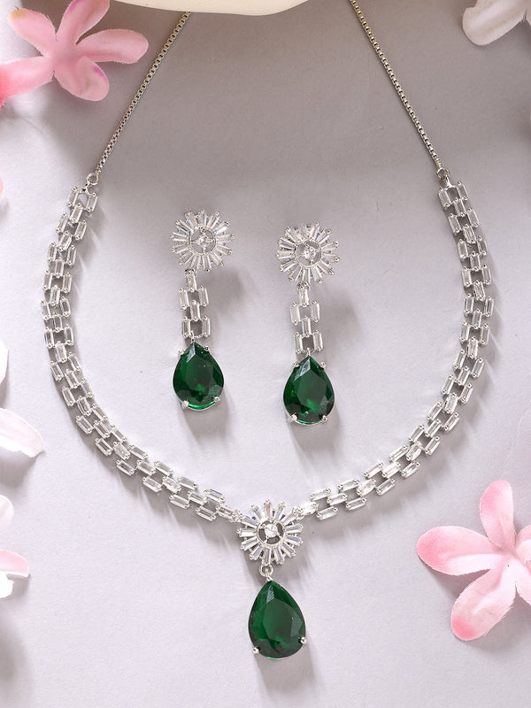 Rhodium Plated with Classy Design & Green American Diamond Studded Necklace Set