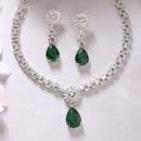 Rhodium Plated Silver Toned Teardrop Shaped Green American Diamond Studded Necklace Set