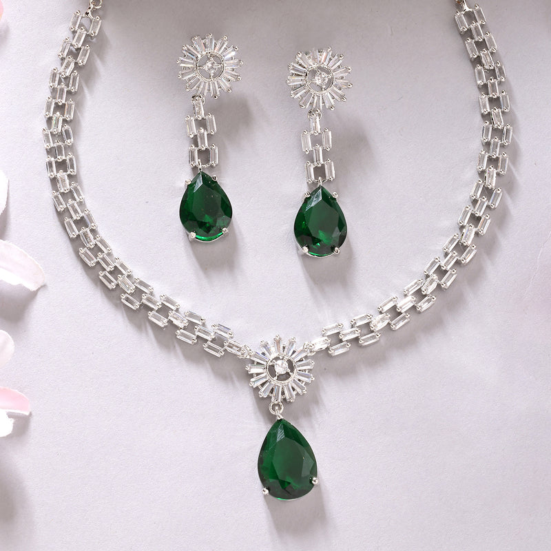 Rhodium Plated Silver Toned Teardrop Shaped Green American Diamond Studded Necklace Set