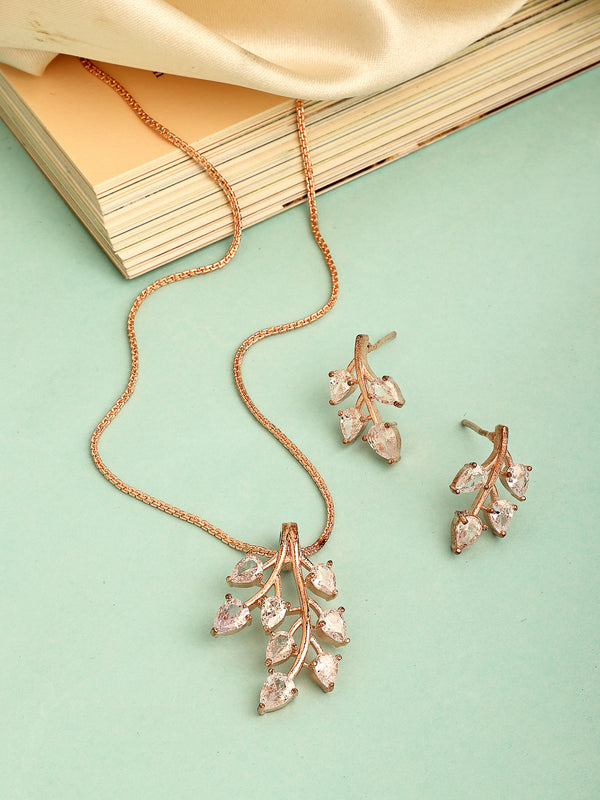 Rose Gold Plated with Leaf Shaped Design & White American Diamonds Studded Pendant Set