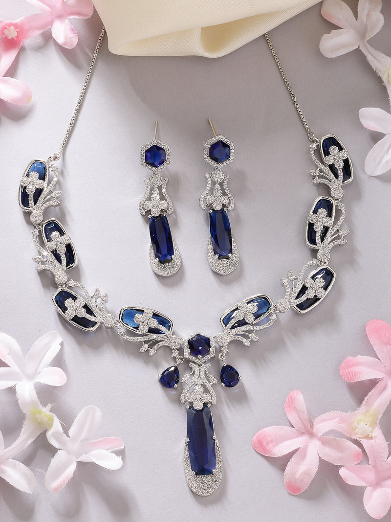 Rhodium Plated with Elegant Blue American Diamond Studded Necklace Set