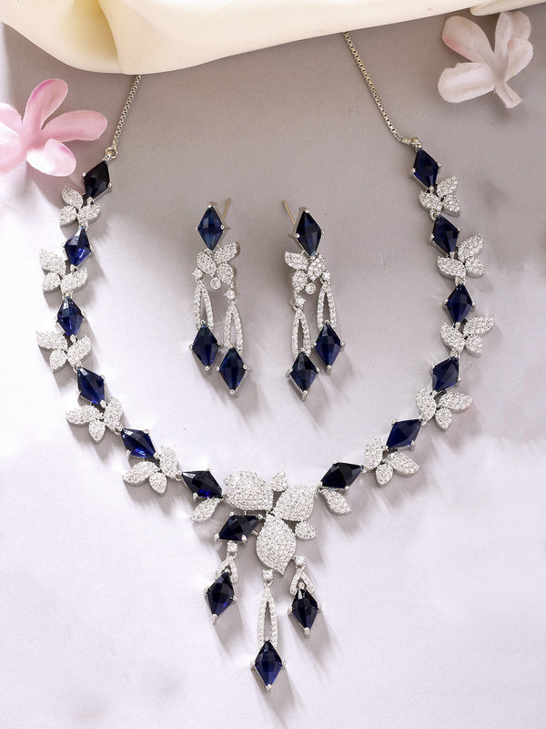 Rhodium Plated with Blue American Diamond Studded Unique Design Necklace Set