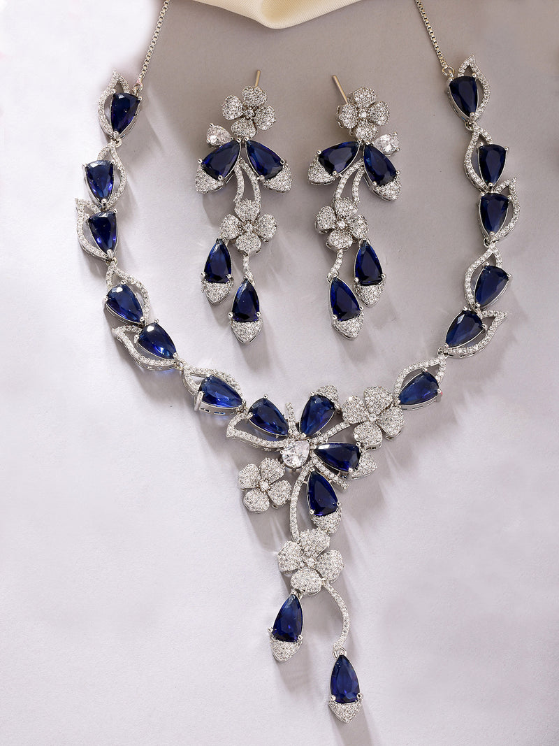 Rhodium Plated with Blue & White American Diamond Studded Floral Design Necklace