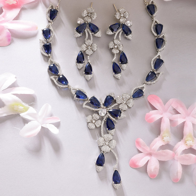 Rhodium Plated Silver Toned Blue & White American Diamond Studded Necklace Set