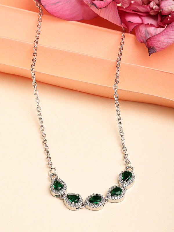 Rhodium Plated with Green American Diamond & Classy Tear Drop Shape Pendant Set