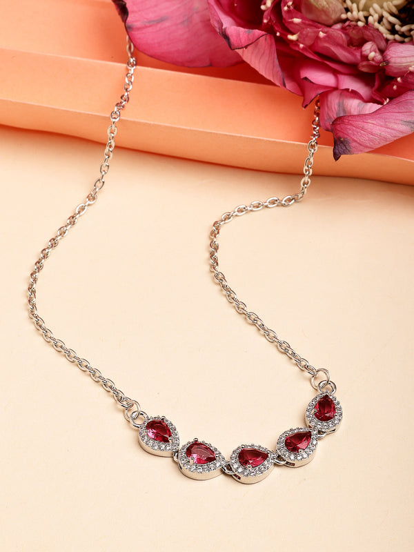 Rhodium Plated with Red American Diamond & Classy Tear Drop Shape Pendant Set