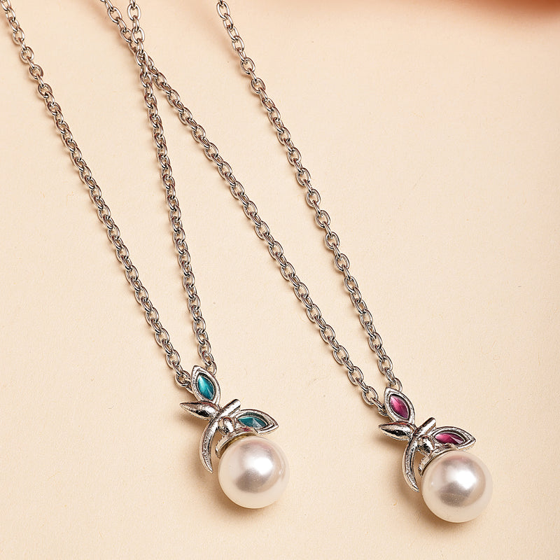 Oxidized Plated with Leaf & Pearl Design Set of 2 Pendants