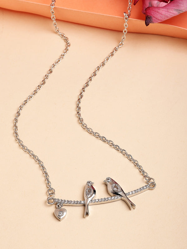 Rhodium Plated with White American Diamond Studded Love Birds Design Pendant