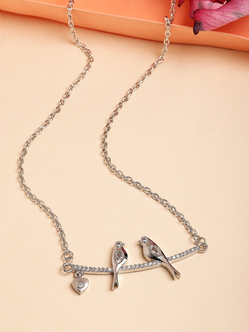 Rhodium Plated with White American Diamond Studded Love Birds Design Pendant