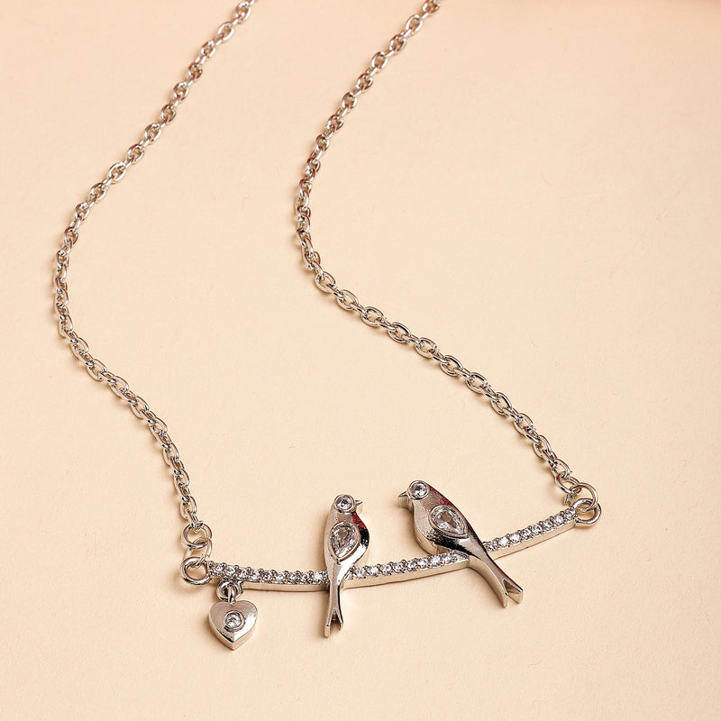 Rhodium Plated with White American Diamond Studded Love Birds Design Pendant
