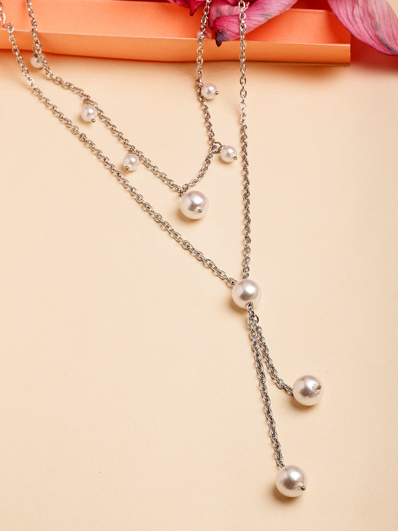 Oxidized Plated with Pearl 2 Layered Necklace Set