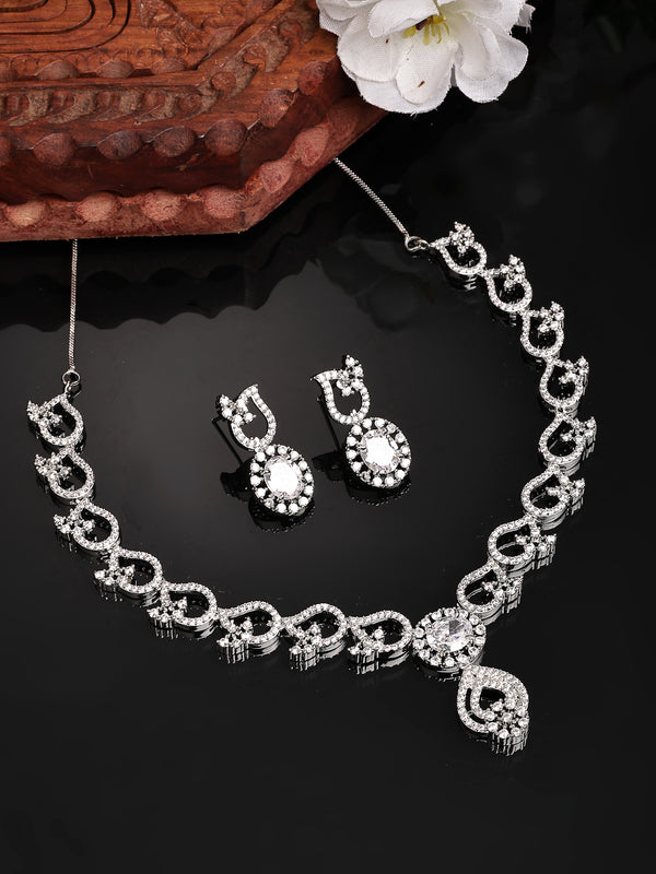 Rhodium Plated Leaf and Vine Design with White AD Stone Studded Necklace Set