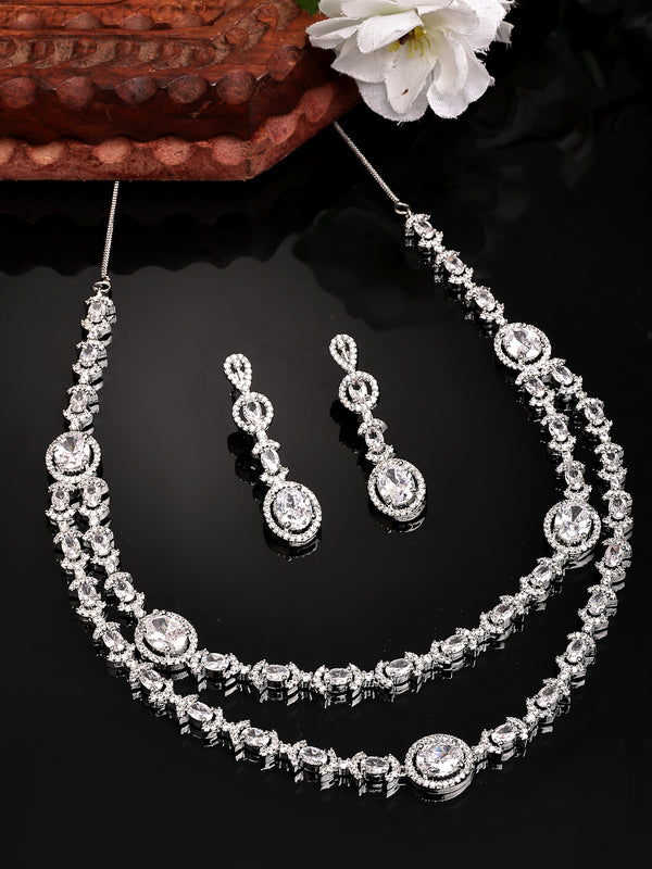 Rhodium Plated with White American Diamond Studded Necklace Set