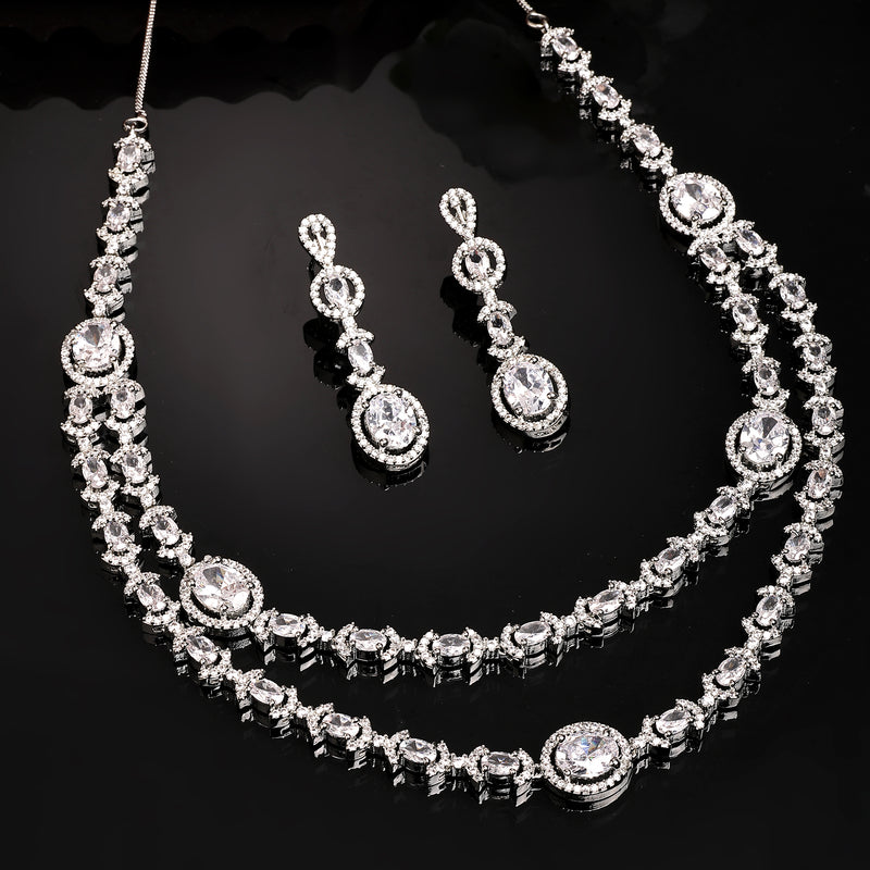 Rhodium Plated Silver Toned Sparkle White American Diamond Studded Jewellery Set