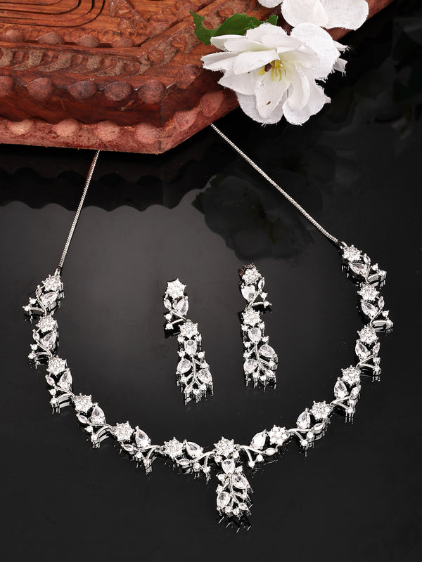 Rhodium Plated with Leaf Drop Design & White American Diamond Studded Necklace Set