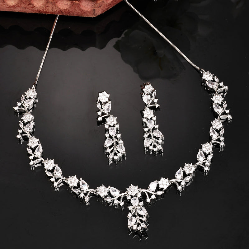Rhodium Plated Silver Toned White American Diamond Studded Jewellery Set
