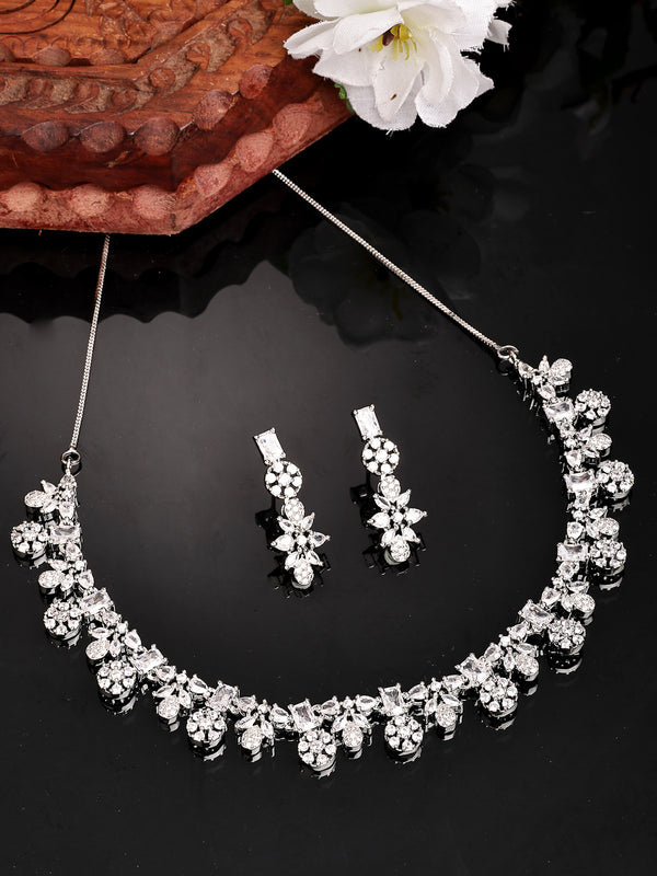 Rhodium Plated with Floral Glam Design & White American Diamond Studded Necklace Set