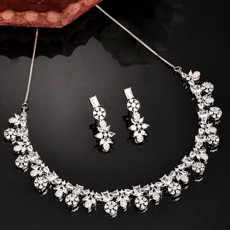 Rhodium Plated Silver Toned White American Diamond Studded Jewellery Set