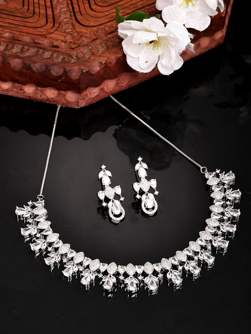 Rhodium Plated with Sukkhi Symmetrical Design & White AD Stone Studded Necklace Set