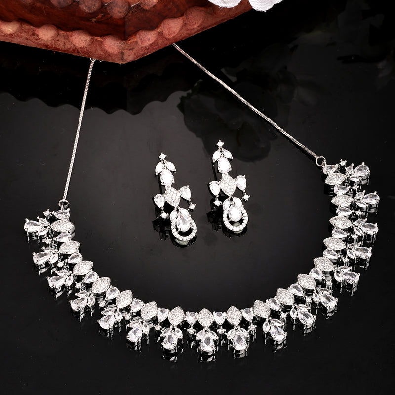 Rhodium Plated Silver Toned White American Diamond Stone Studded Jewellery Set