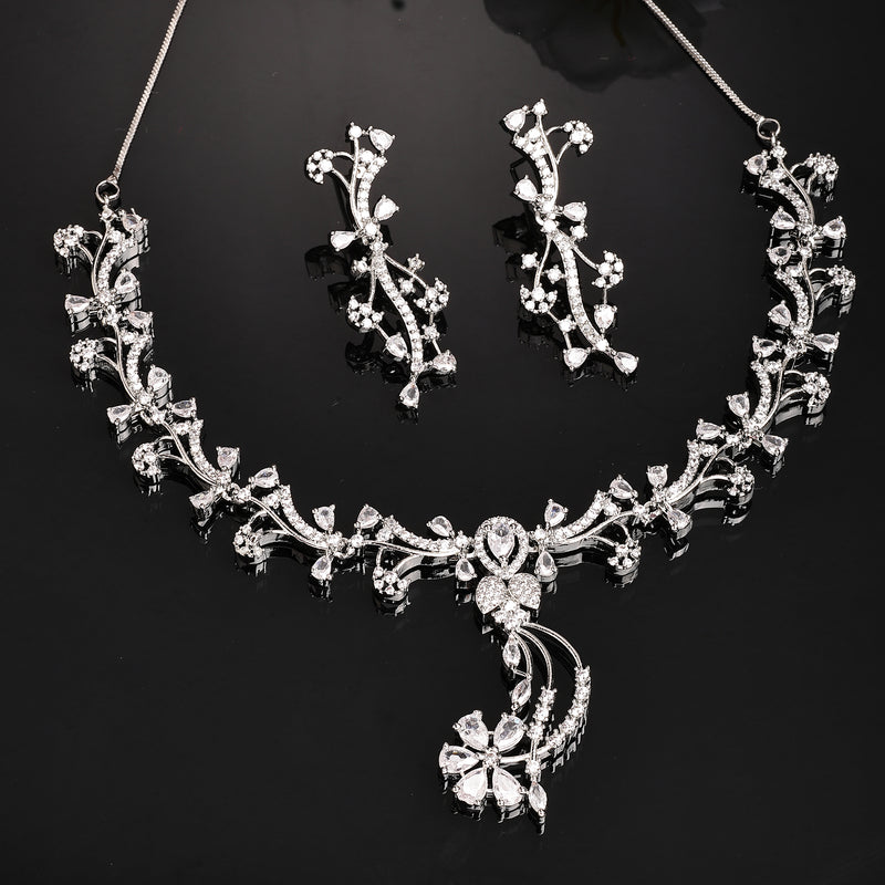 Rhodium Plated & Floral Vine Cascade with White American Diamond  Stone Studded Jewellery set