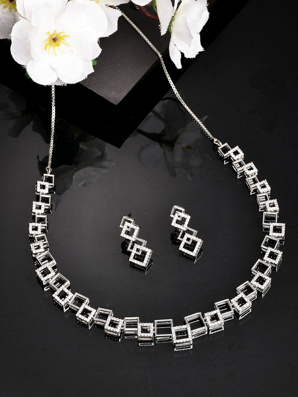 Rhodium Plated with Geometric Interlocking Squares AD Stone Studded Necklace Set