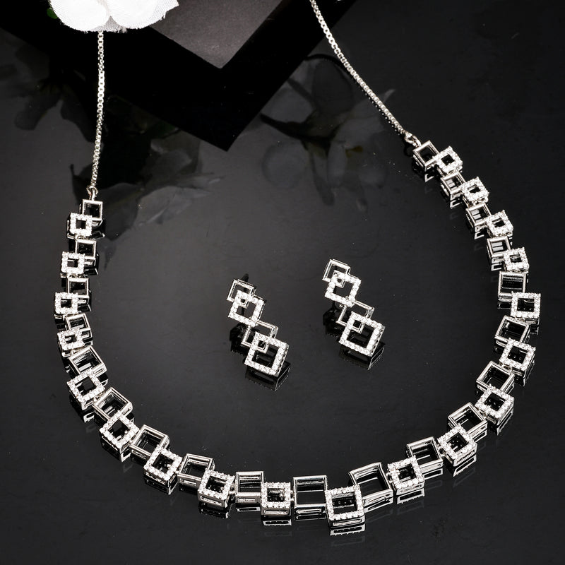 Rhodium Plated Silver Toned Geometric Design American Diamond Stone Studded Jewellery Set