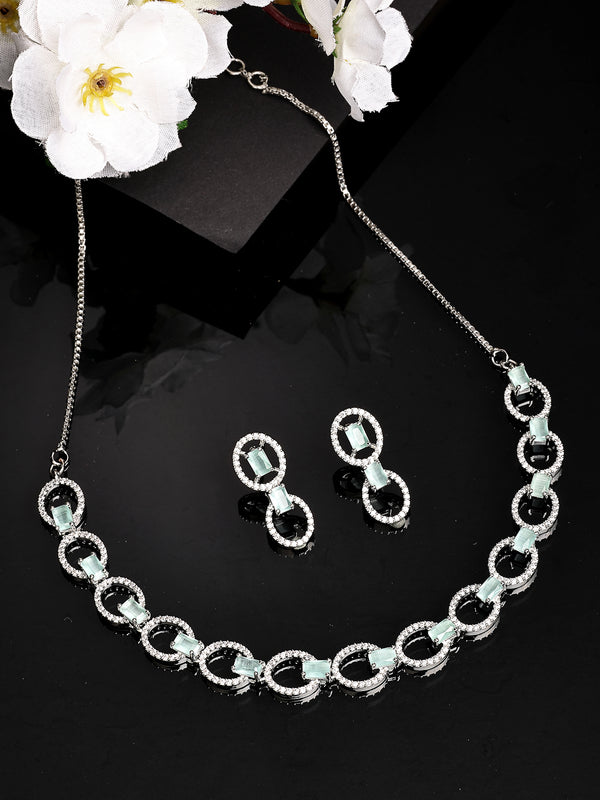 Rhodium Plated with Oval link Design & Sea Green American Diamond Studded Necklace Set