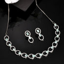 Rhodium Plated Silver Toned Sea Green American Diamond Studded Jewellery Set