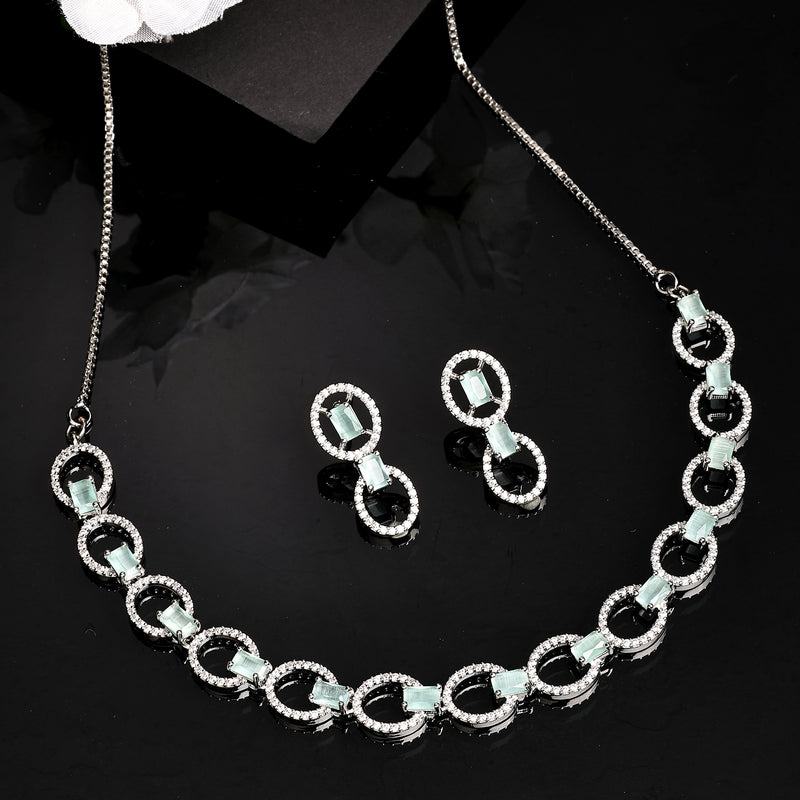 Rhodium Plated Silver Toned Sea Green American Diamond Studded Jewellery Set