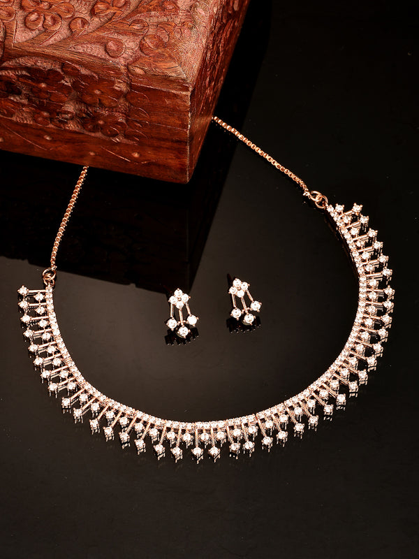 Rhodium Plated with Fringe Design & Whiten American Diamonds Studded Necklace Set