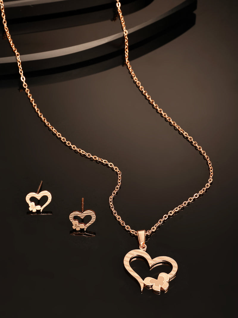 Rose Gold Plated with Heart Shaped Design Stainless Steel Pendent Set