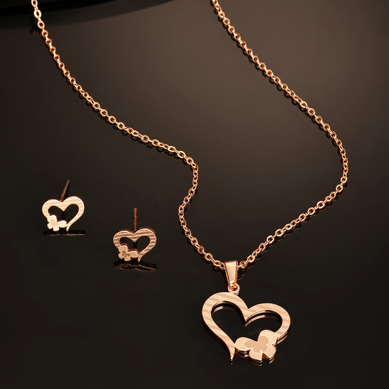 Rose Gold Plated with Heart Shaped Design Stainless Steel Pendent Set