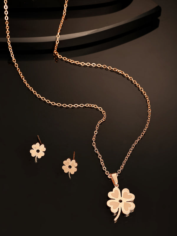 Rose Gold Plated with Clover Leaf Shaped Design Stainless Steel Pendent Set