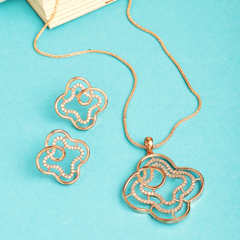 Rose Gold Plated with White American Diamond Studded Pendent Set