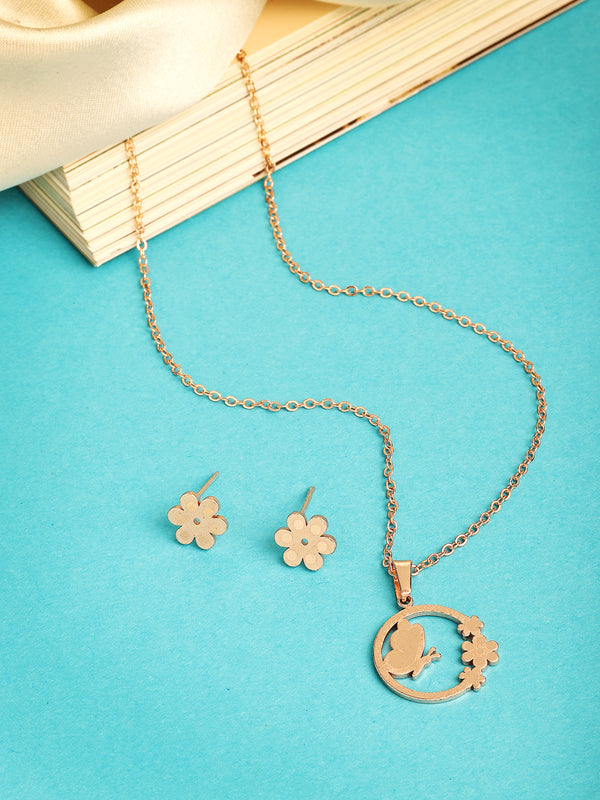 Rose Gold Plated with Circular & Floral design Stainless Steel Pendent Set