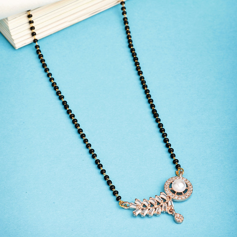 Rose Gold Plated with White American Diamonds Studded Mangalsutra in Feather Design