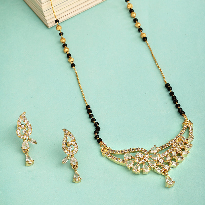 Gold Plated with White American Diamonds Studded Mangalsutra with Earrings