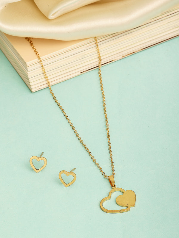 Gold Plated with Thin Chain & Dual Heart Design Stainless Steel Pendent Set