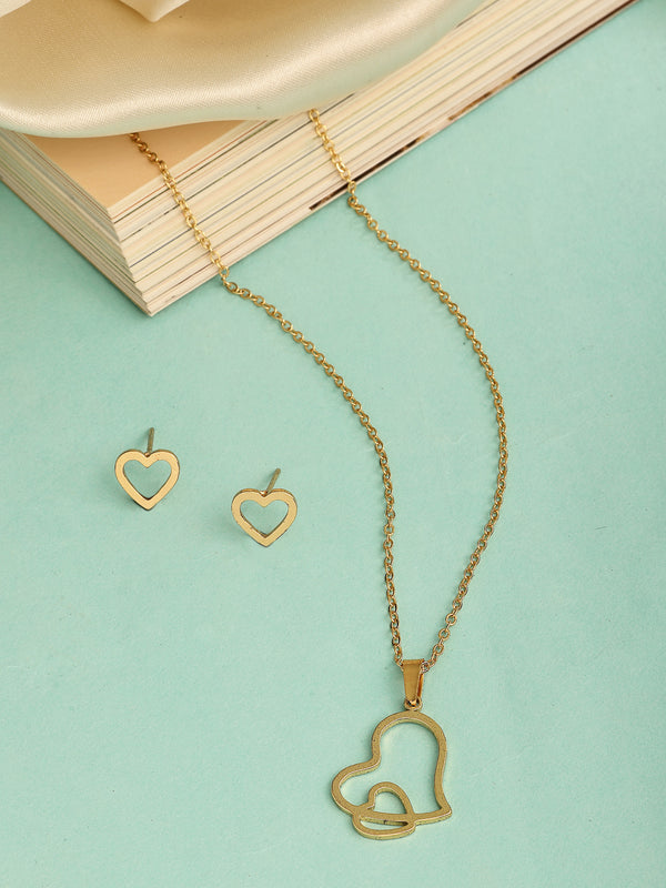 Gold Plated with Stylish Heart Shaped Stainless Steel Pendant Set