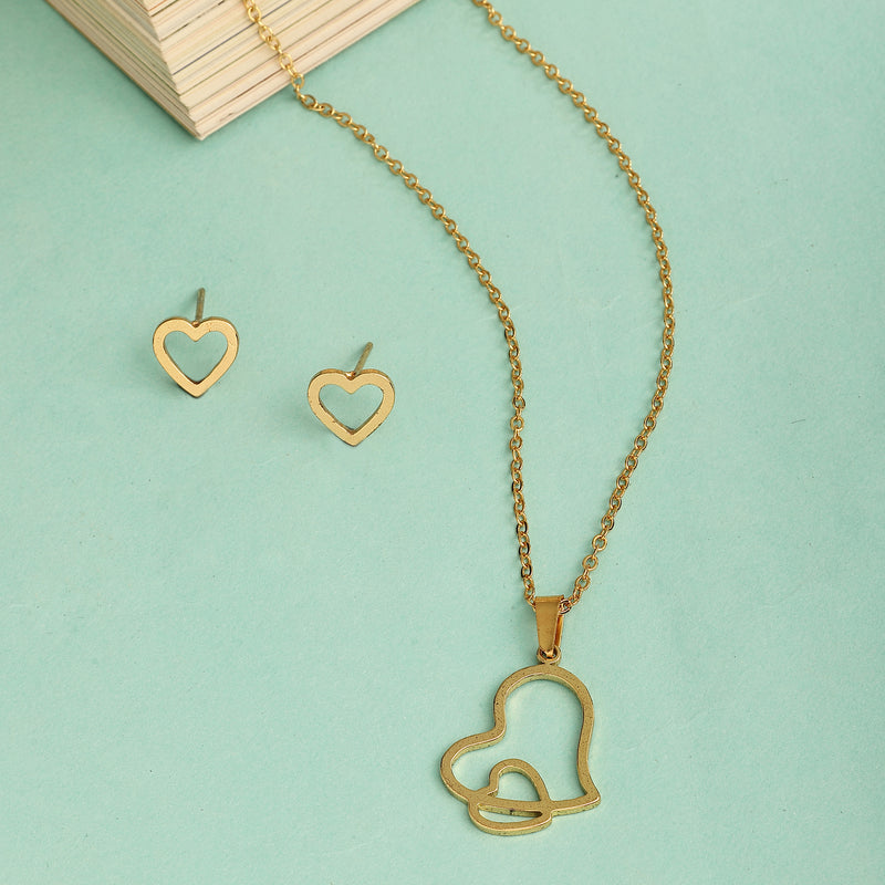 Gold Plated with Stylish Heart Shaped Stainless Steel Pendant Set